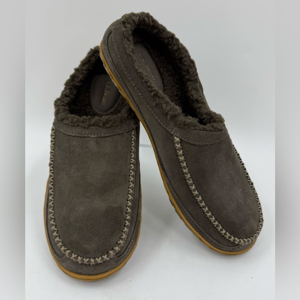 L.L. Bean Mountain Moccasin Scuff Winter Slippers Mens Size 8M Gray Leather NWOB